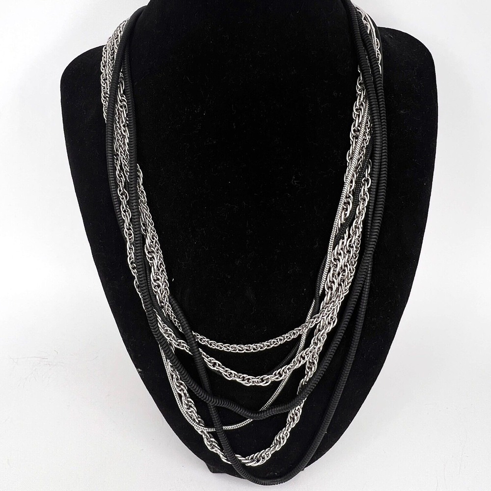 Lane Bryant Mesh Multi‎ Cable Chain Necklace Silver Tone Black Metal Tone 18"